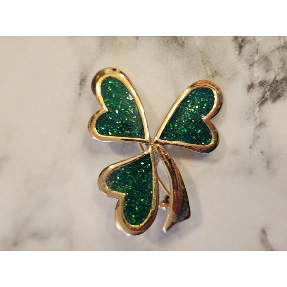 Vintage Gold-Tone Green Glitter Shamrock Clover Brooch Pin Hearts - Picture 4 of 4